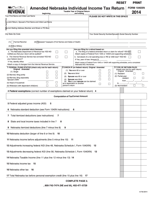 Fillable Form 1040xn - Amended Nebraska Individual Income Tax Return - 2014 Printable pdf