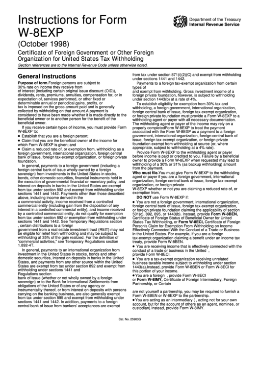 Instructions For Form W-8exp - Certificate Of Foreign Government Or Other Foreign Organization For United States Tax Withholding And Reporting - 1998 Printable pdf