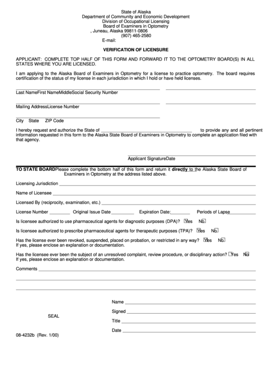 Form 08-4232b - Verification Of Licensure - State Of Alaska Printable pdf