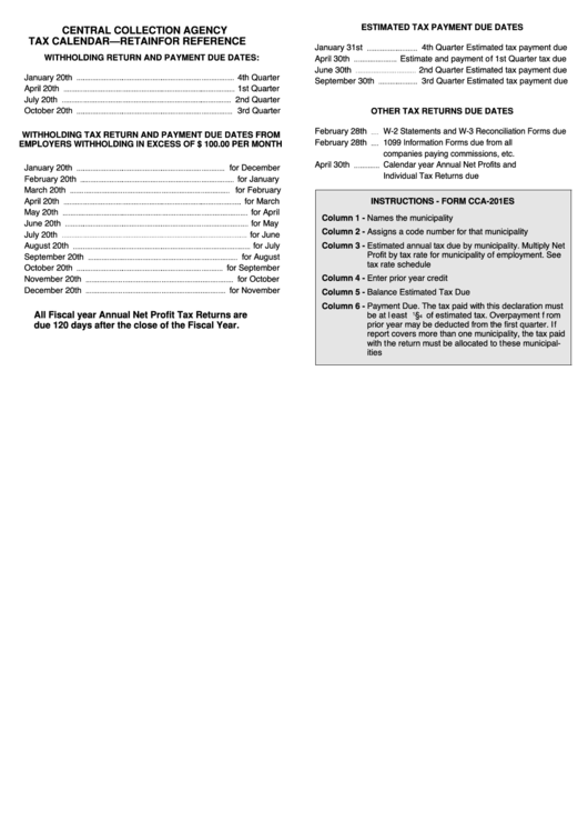 Tax Calendar - Retain For Reference And Instructions - Form Cca-201es Printable pdf