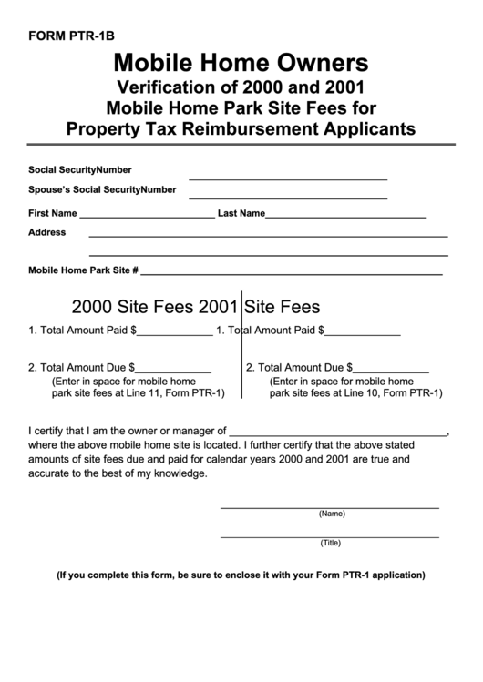 Fillable Form Ptr-1b - Verification Of 2000 And 2001 Mobile Home Park Site Fees For Property Tax Reimbursement Applicants Printable pdf