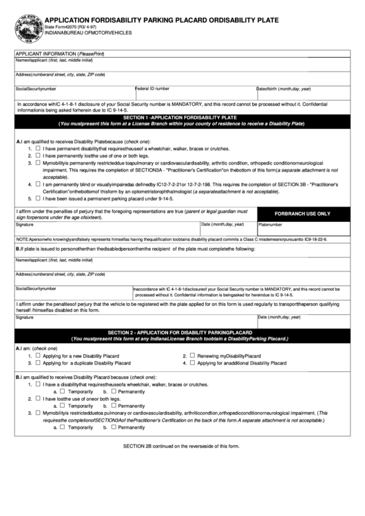 Fillable State Form 42070 - Application For Disability Parking Placard Or Disability Plate Printable pdf