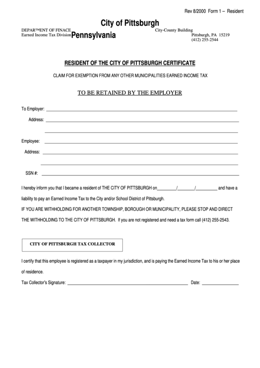 Form 1 - Resident Of The City Of Pittsburgh Certificate - City Of Pittsburgh Printable pdf