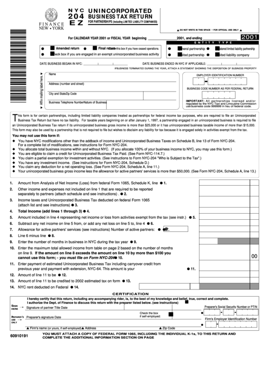 Form Nyc-204ez - Unincorporated Business Tax Return For Partnerships ...