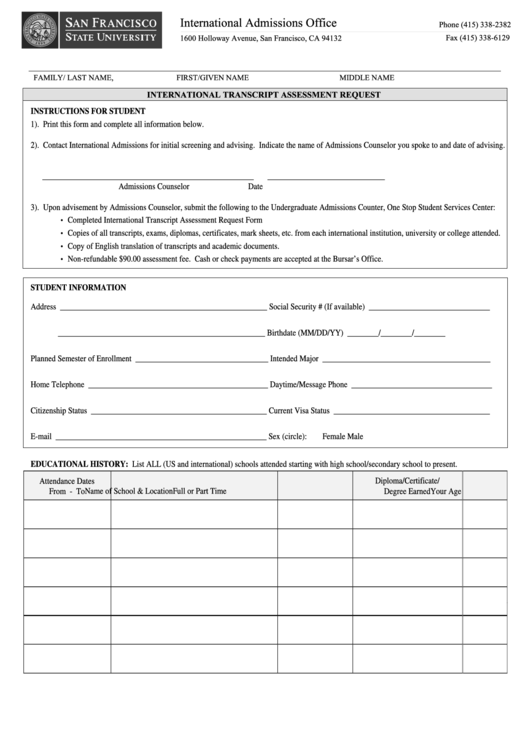 International Transcript Assessment Request Form Printable pdf