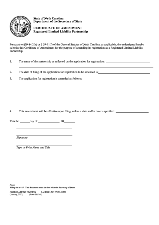 Form Llp-03 With Instructions - Certificate Of Amendment - Nc Secretary Of State - 2002 Printable pdf