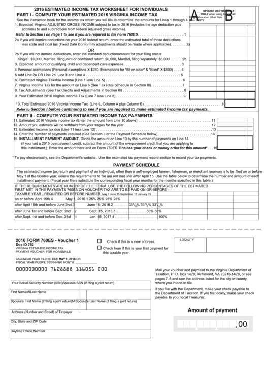 Fillable Form 760es - Estimated Income Tax Worksheet For Individuals - 2016 Printable pdf