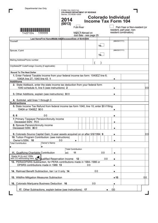 Fillable Form 104 - Colorado Individual Income Tax Form 2014 Printable pdf