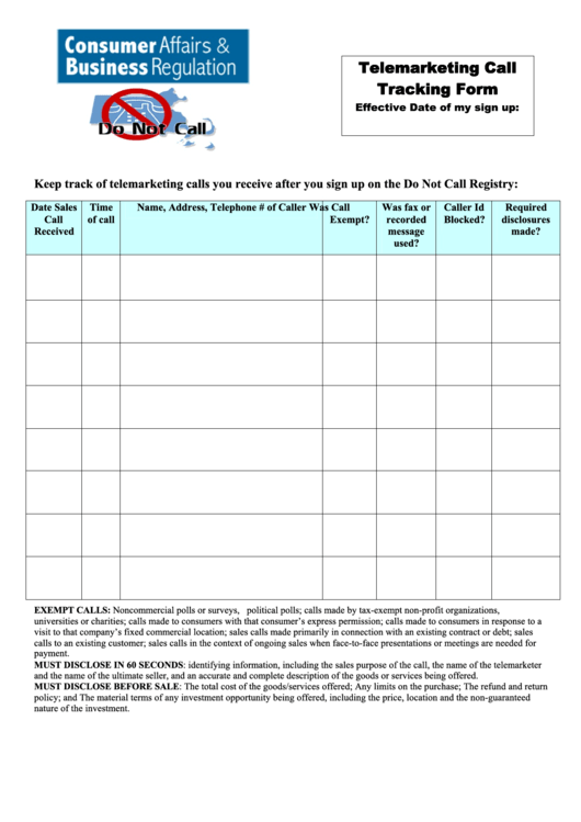 Telemarketing Call Tracking Form Printable pdf