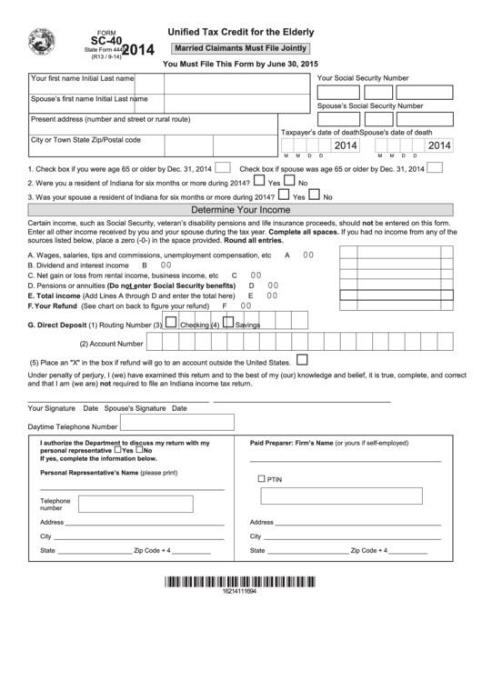 Fillable Form Sc-40 - Unified Tax Credit For The Elderly - 2014 Printable pdf