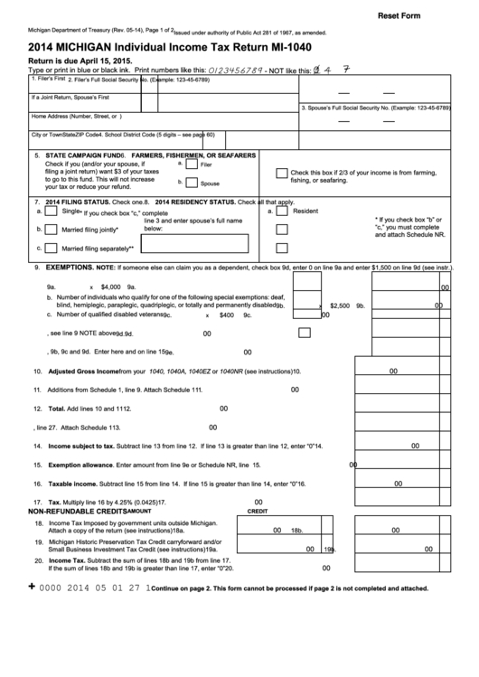 Fillable Form Mi-1040 - Michigan Individual Income Tax Return - 2014 Printable pdf
