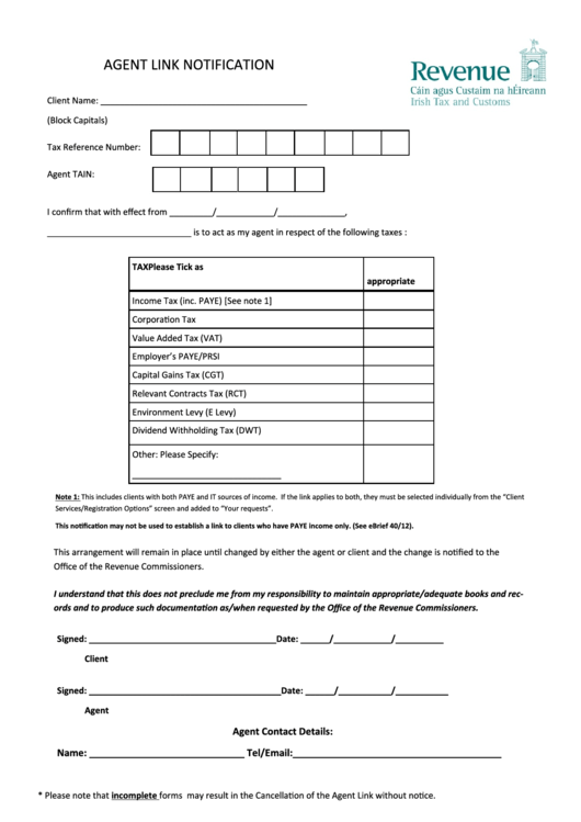 Agent Link Notification Form printable pdf download