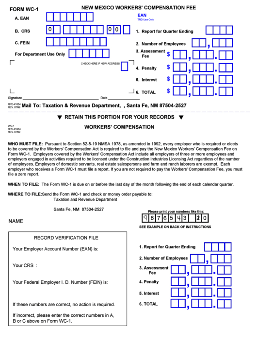 Form Wc-1 - New Mexico Workers Compensation Fee - 1999 Printable pdf