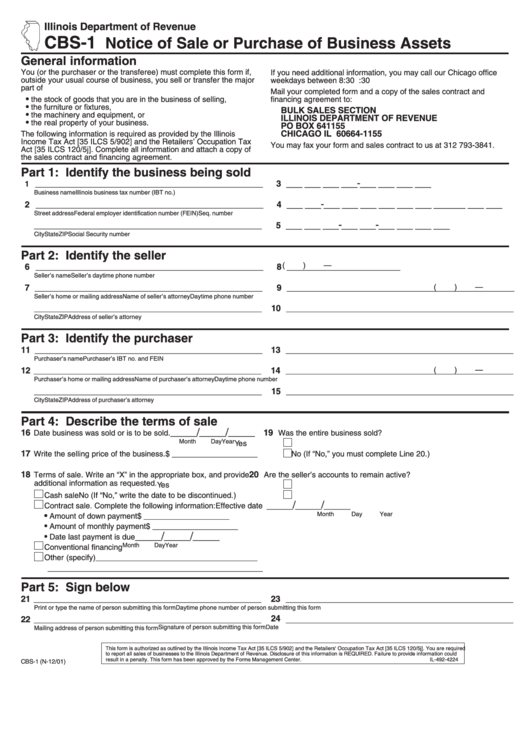Form Cbs-1 - Notice Of Sale Or Purchase Of Business Assets Printable pdf