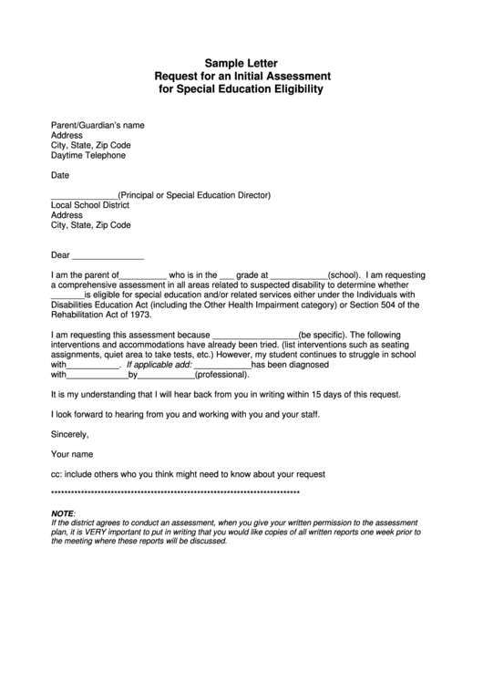 Sample Letter Request For An Initial Assessment For Special Education