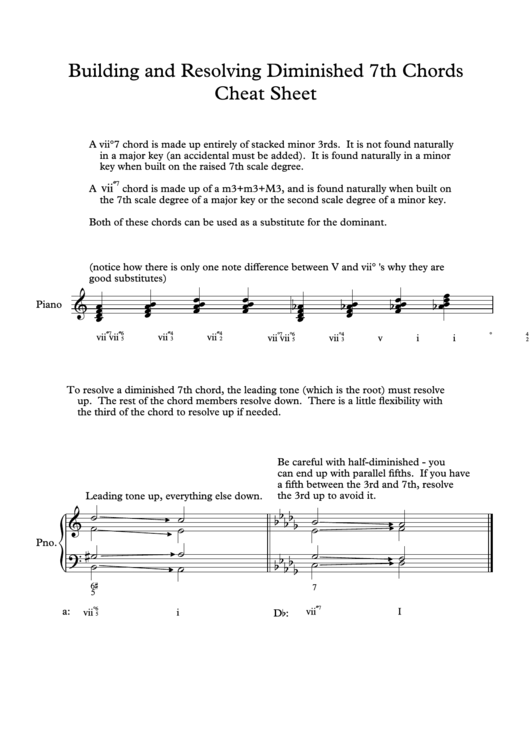 Building And Resolving Diminished 7th Chords Cheat Sheet Printable pdf