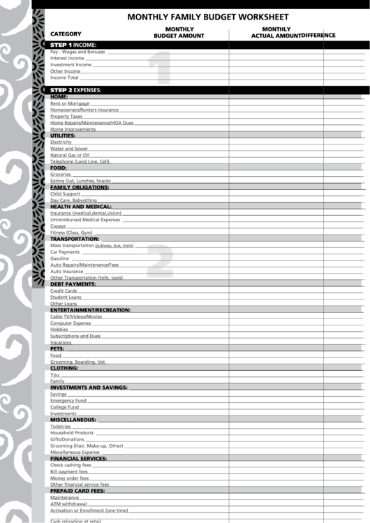 Monthly Family Budget Worksheet Template Printable pdf