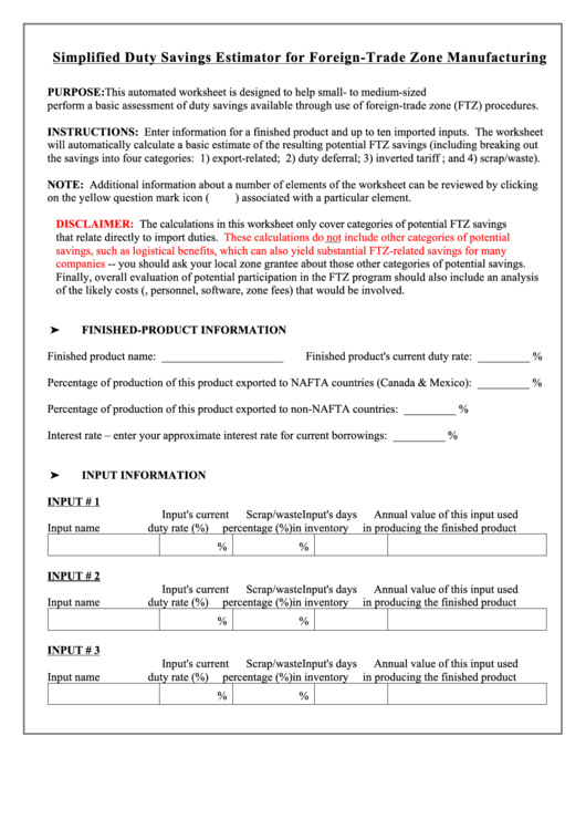Fillable Simplified Duty Savings Estimator For Foreign-Trade Zone Manufacturing Form Printable pdf