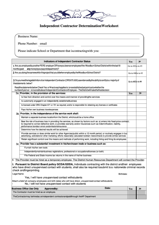 Independent Contractor Determination Worksheet Template Printable pdf