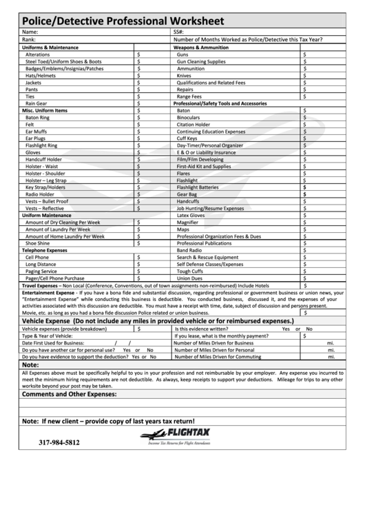 Police/detective Professional Worksheet Template Printable pdf