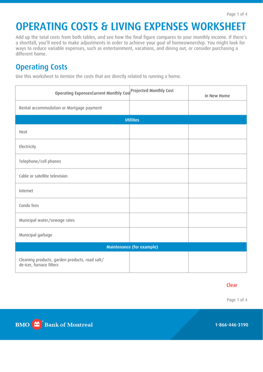 Fillable Operating Costs & Living Expenses Worksheet Template Printable pdf