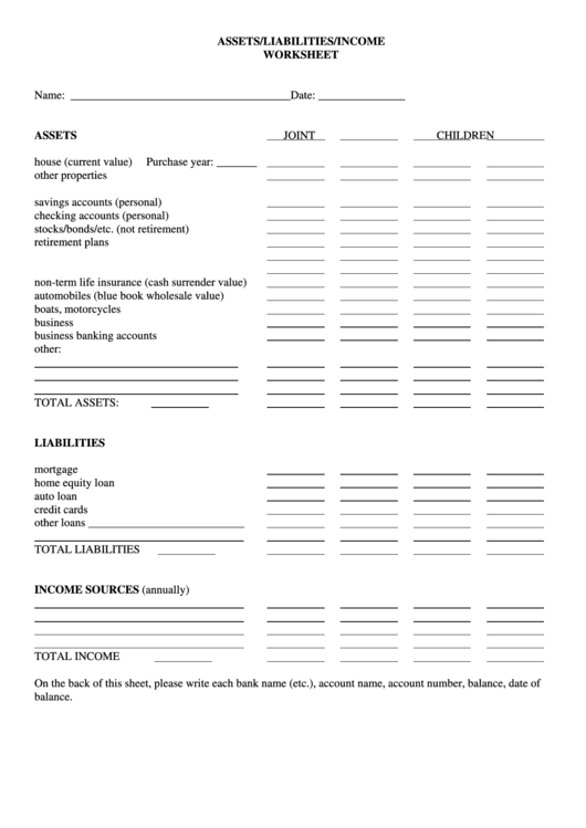 Assets/liabilities/income Worksheet Template
