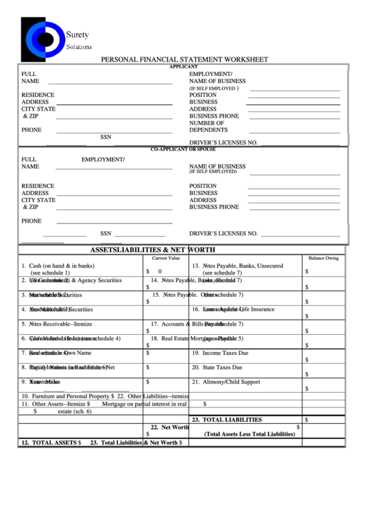 Fillable Personal Financial Statement Worksheet Template Printable pdf