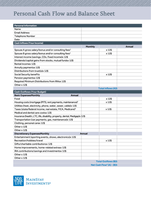 Personal Cash Flow And Balance Sheet printable pdf download