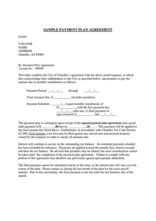 Sample Payment Plan Agreement Template - City Of Chandler Printable pdf