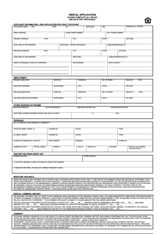 Fillable Rental Application Form - Maryland Consumer Relations Department Printable pdf