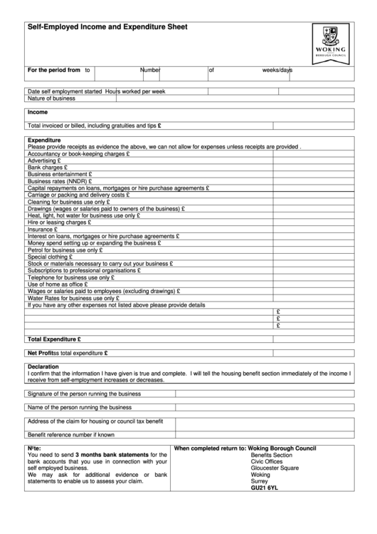 Self-Employed Income And Expenditure Sheet Printable pdf