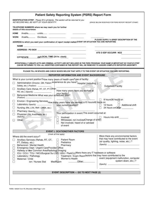 Fillable Nasa Form F6 - Patient Safety Reporting System (Psrs) Report Form - California Printable pdf