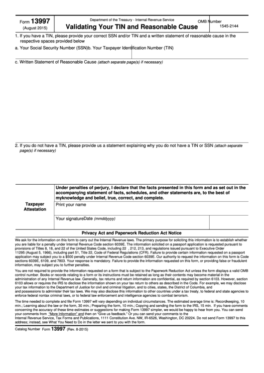 Fillable Form 13997 - Validating Your Tin And Reasonable Cause Printable pdf