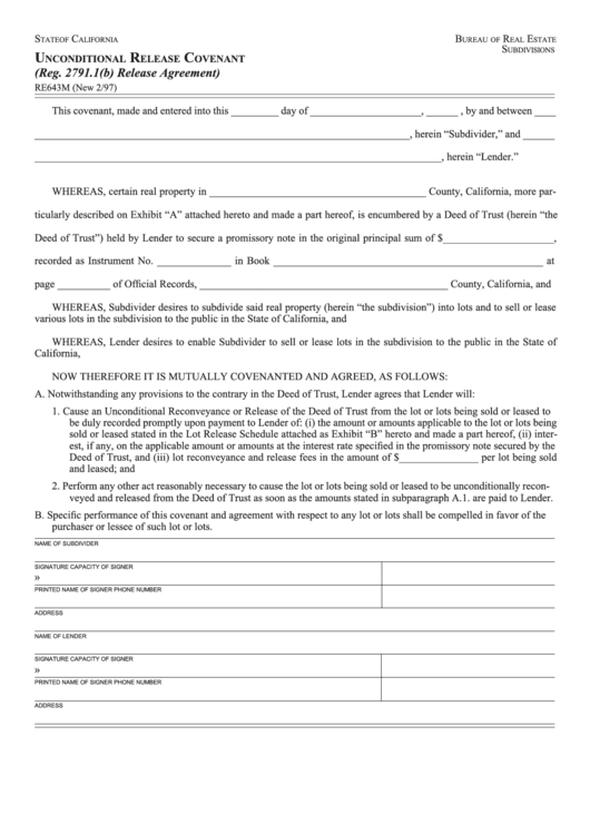 Fillable Form Re 643m - Unconditional Release Covenant Form - California Bureau Of Real Estate Printable pdf