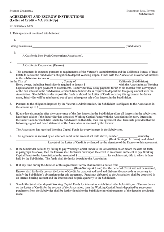 Form Re 643g - Agreement And Escrow Instructions (Letter Of Credit - Va Start-Up) Form - California Bureau Of Real Estate Printable pdf