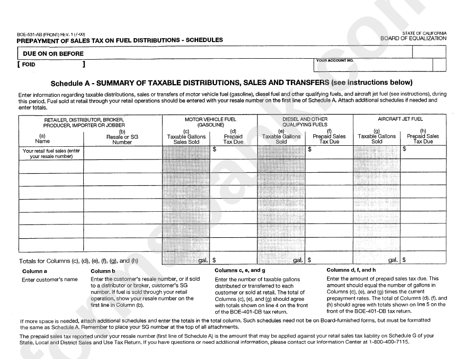Form Bor-531-Ab - Prepayment Of Sales On Fuel Distributions - Schedules