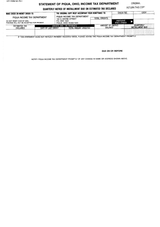 Form Pq-1 - Statement Of Piqua, Ohio, Income Tax Department Printable pdf