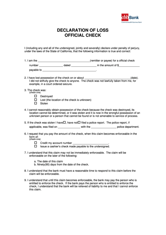 Fillable Declaration Of Loss Official Check Form - California Printable pdf