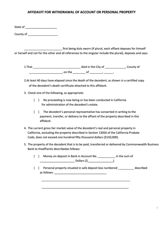 Fillable Affidavit For Withdrawal Of Account Or Personal Property Form Printable pdf