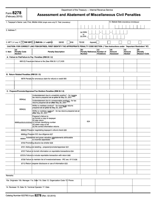 Fillable Form 8278 - Assessment And Abatement Of Miscellaneous Civil Penalties Printable pdf