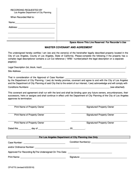 Fillable Form Cp-6770 - Master Covenant And Agreement Form - Los Angeles Department Of City Planning Printable pdf
