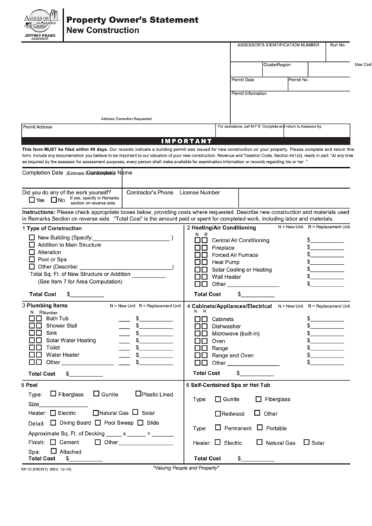 Form Rp-10 - Property Owner's Statement Form - Assessor Los Angeles County