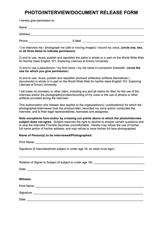 Photo/interview/document Release Form Printable pdf