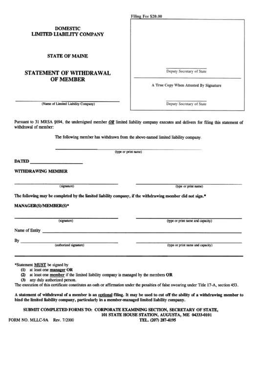 Form Mllc-9a - Statement Of Withdrawal Of Member - State Of Maine Printable pdf