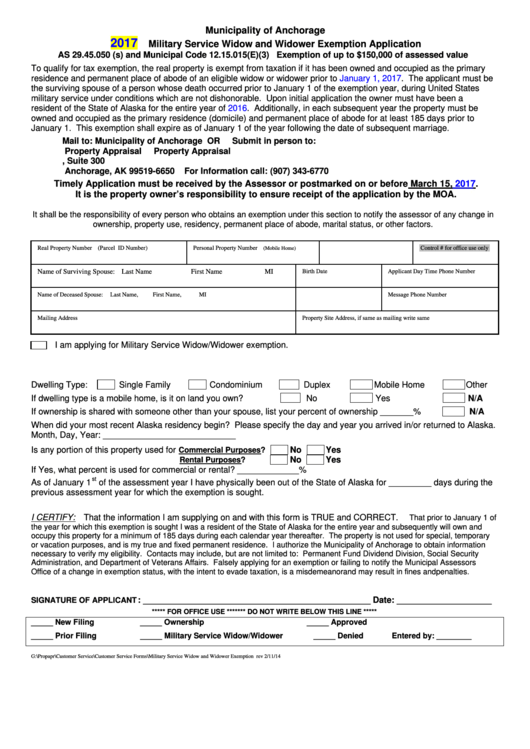 Military Service Widow And Widower Exemption Application - Municipality Of Anchorage, Alaska - 2017 Printable pdf