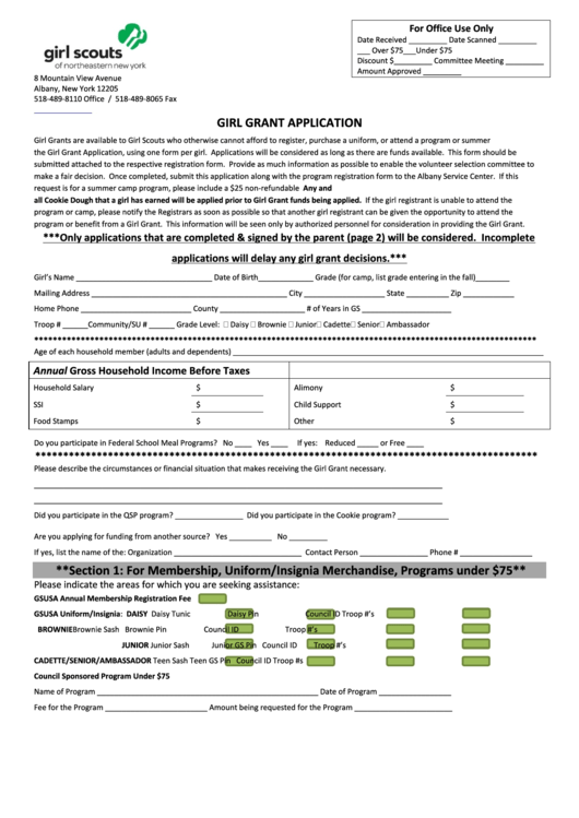 Fillable Girl Grant Application Form - Girl Scouts Of Northeastern New York Printable pdf