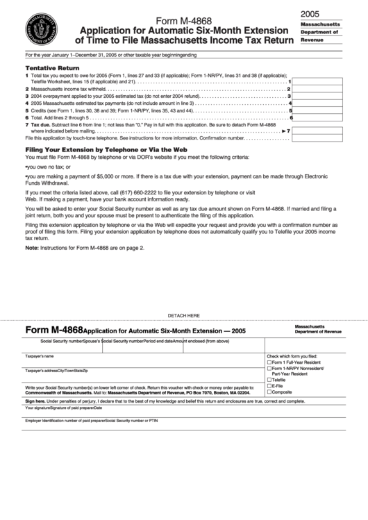 Form M-4868 - Application For Automatic Six-Month Extension Of Time To File Massachusetts Income Tax Return Printable pdf