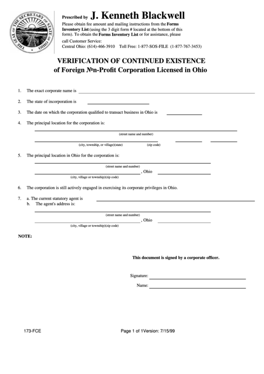 Form 173-Fce - Verification Of Continued Existence Of Foreign Non-Profit Corporation Licensed In Ohio Printable pdf