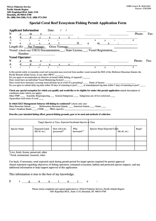 Fillable Special Coral Reef Ecosystem Fishing Permit Application Form - Noaa Fisheries Service Printable pdf