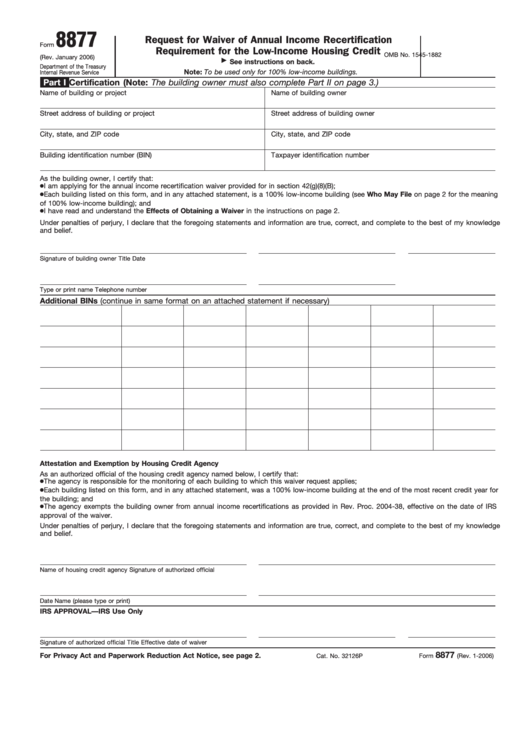 Fillable Form 8877 - Request For Waiver Of Annual Income Recertification Requirement For The Low-Income Housing Credit Printable pdf